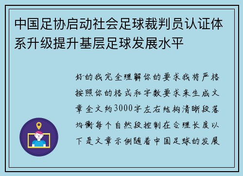 中国足协启动社会足球裁判员认证体系升级提升基层足球发展水平